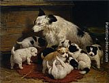 Henriette Ronner-knip Famous Paintings - A dog and her puppies